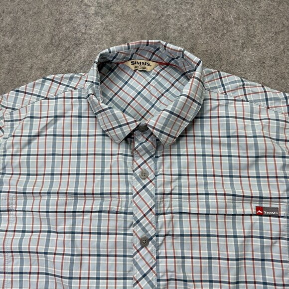 Simms Shirt Men M Blue Plaid Performance Fishing Nylon Short Sleeve Stretch Brrr - Picture 1 of 14